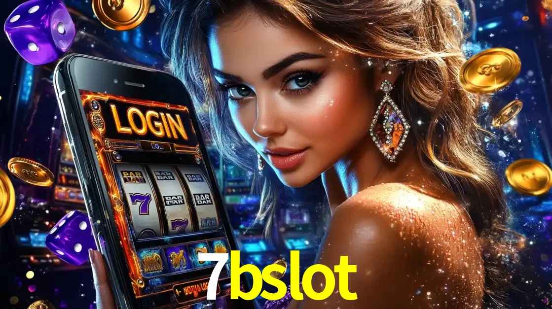 Mulher glamorosa segurando um smartphone com a tela de login para os jogos de caça-níqueis do cassino online 7bslot, com moedas de ouro e dados ao redor.